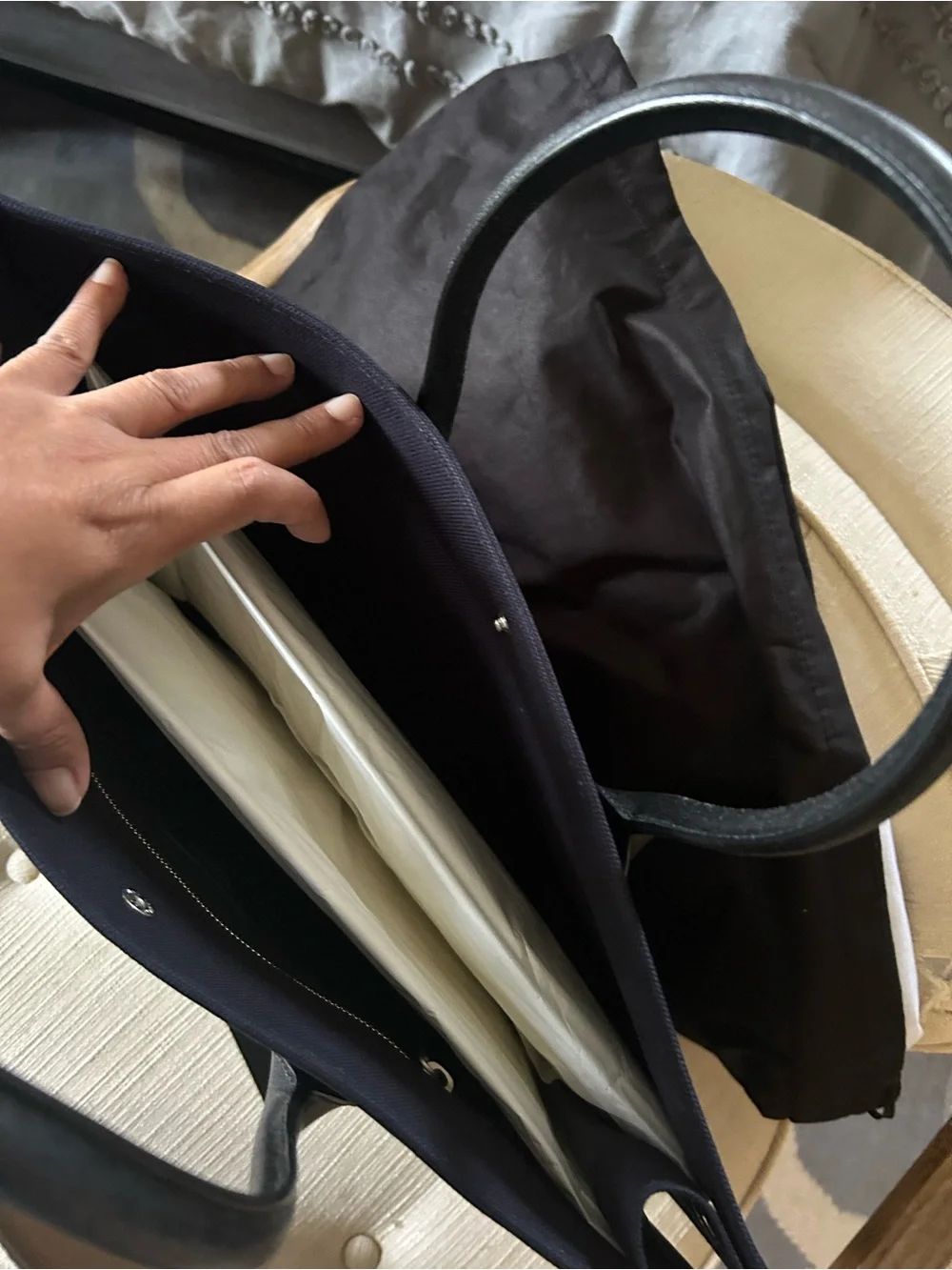 Saint Laurent Navy Canvas 'Rive Gauche' Tote with Black Handles